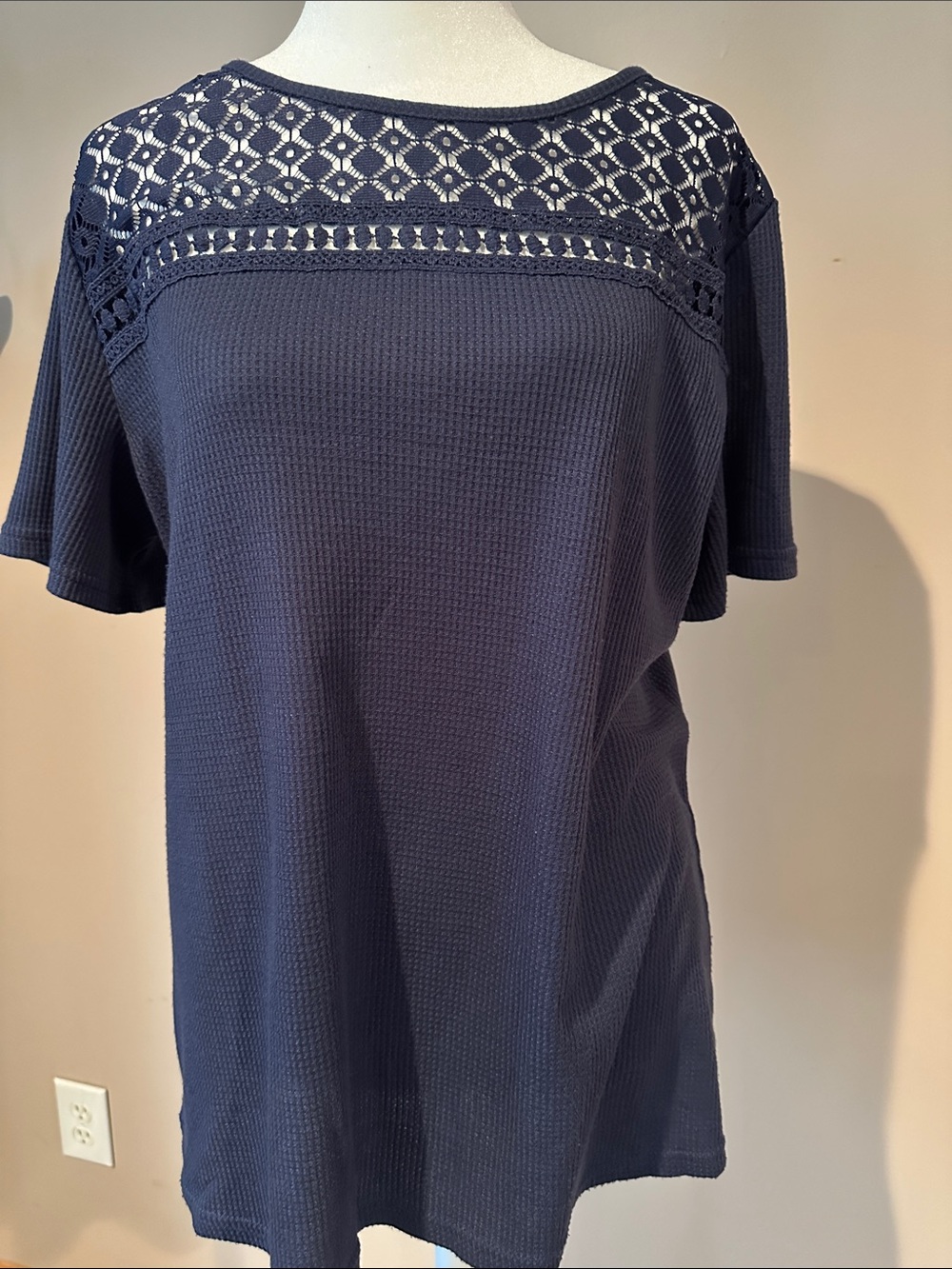 Navy Short Sleeve Knit Top with Lace Yoke